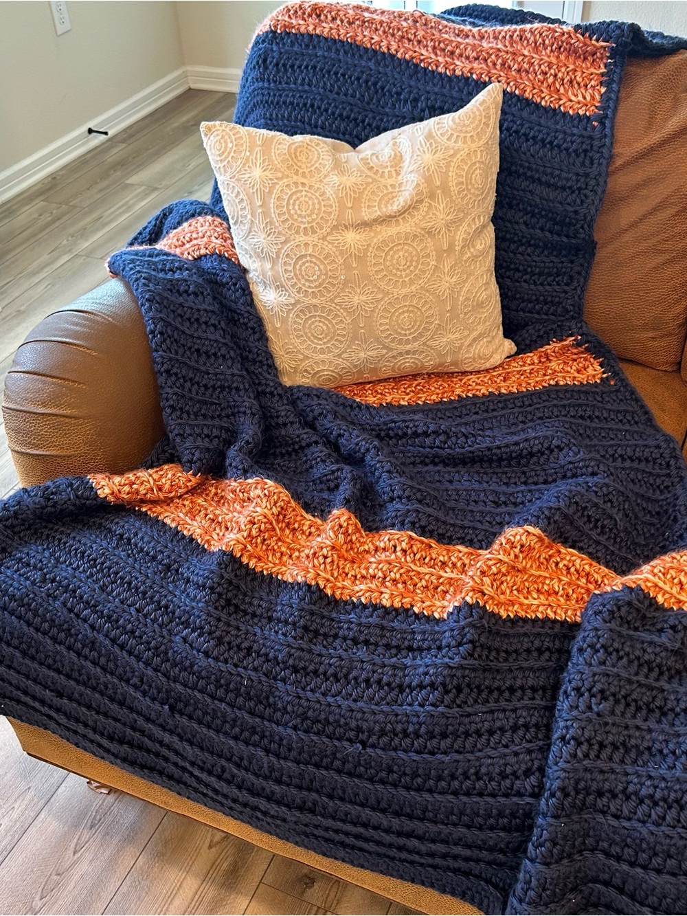 Handmade Crochet Throw Blanket Navy Blue Orange Striped Boho 75" Long Grandmacor